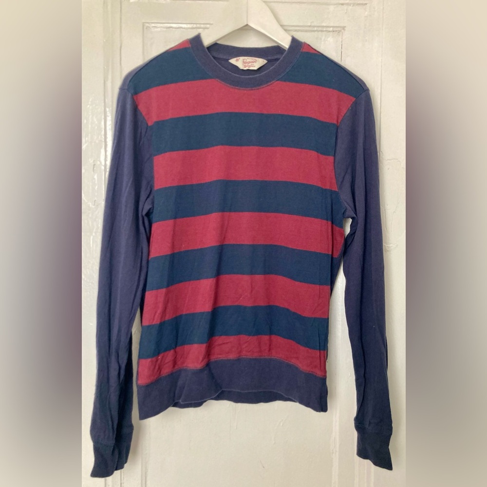 Penguin Blue and Maroon Striped Long Sleeve Crew Neck T-Shirt (S)